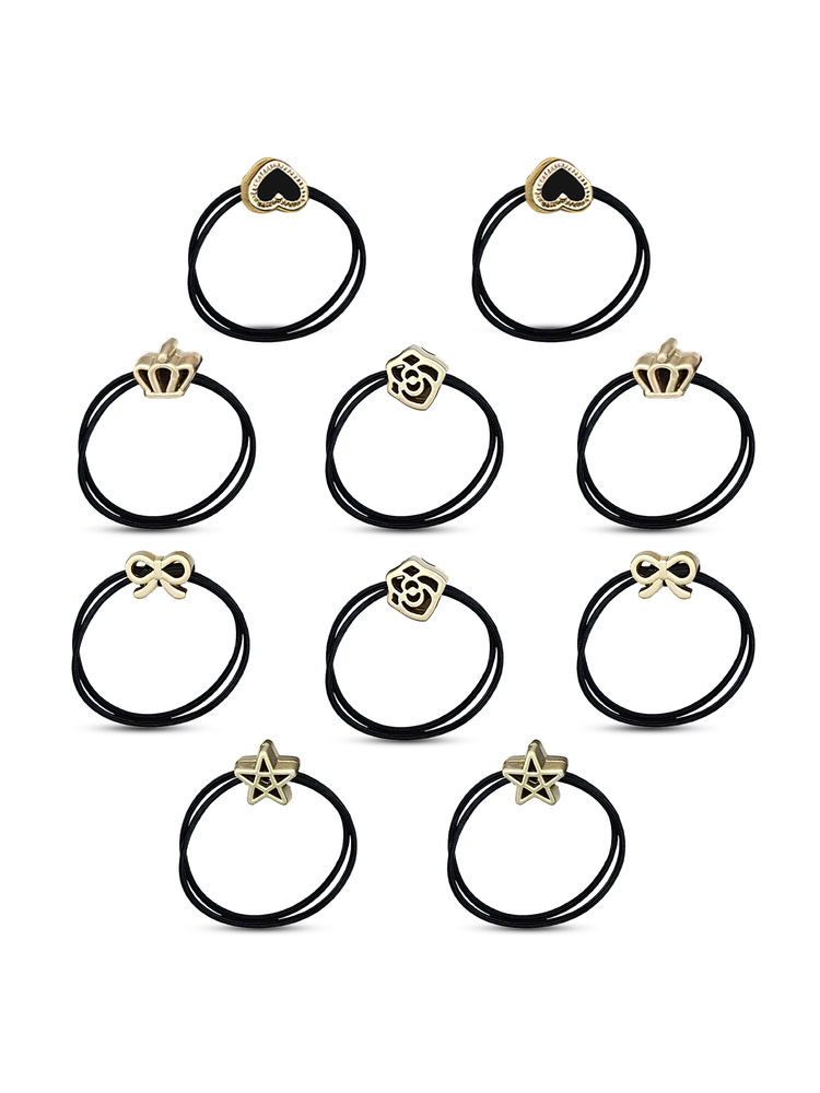 Majestique Black Hair Tie Rubber Bands With Golden Charms- Set Of 10-picture-49
