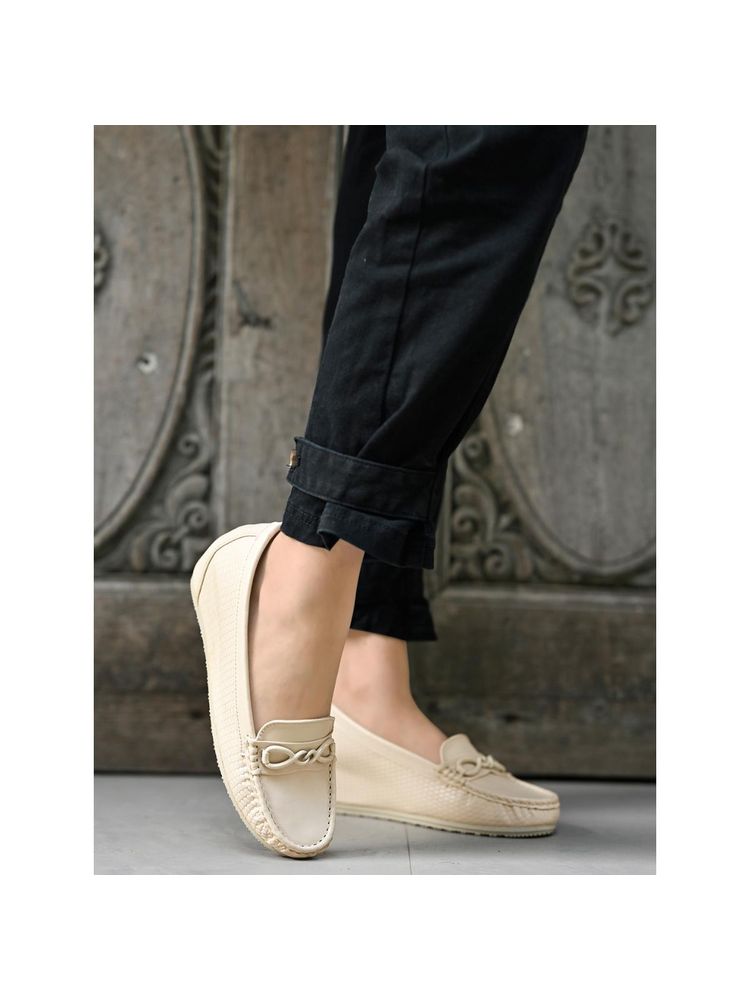 Shoetopia Smart Casual Buckle Detailed Cream Loafers for Women-picture-24