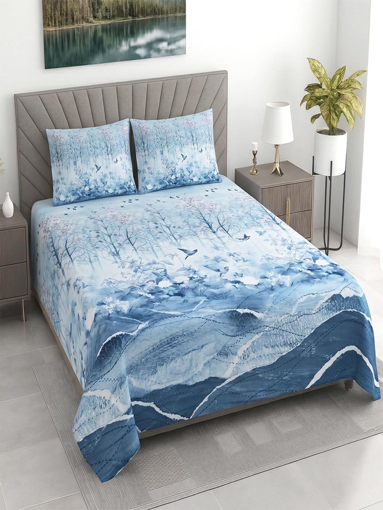 Threadwear Blue Floral 400TC Super King Bedsheet With 2 Pillow Covers-image-23