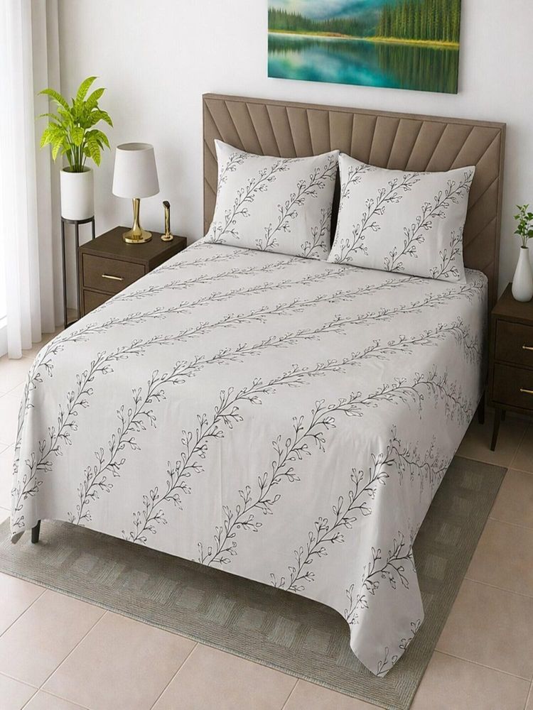 Threadwear White Floral 330TC Queen Bedsheet With 2 Pillow Covers-image-27