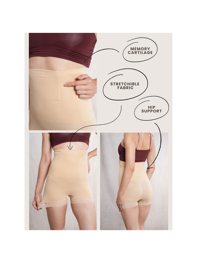 CrossKulture Beige High Waist Tummy Control Shapewear Lace Trim Shorts-picture-14