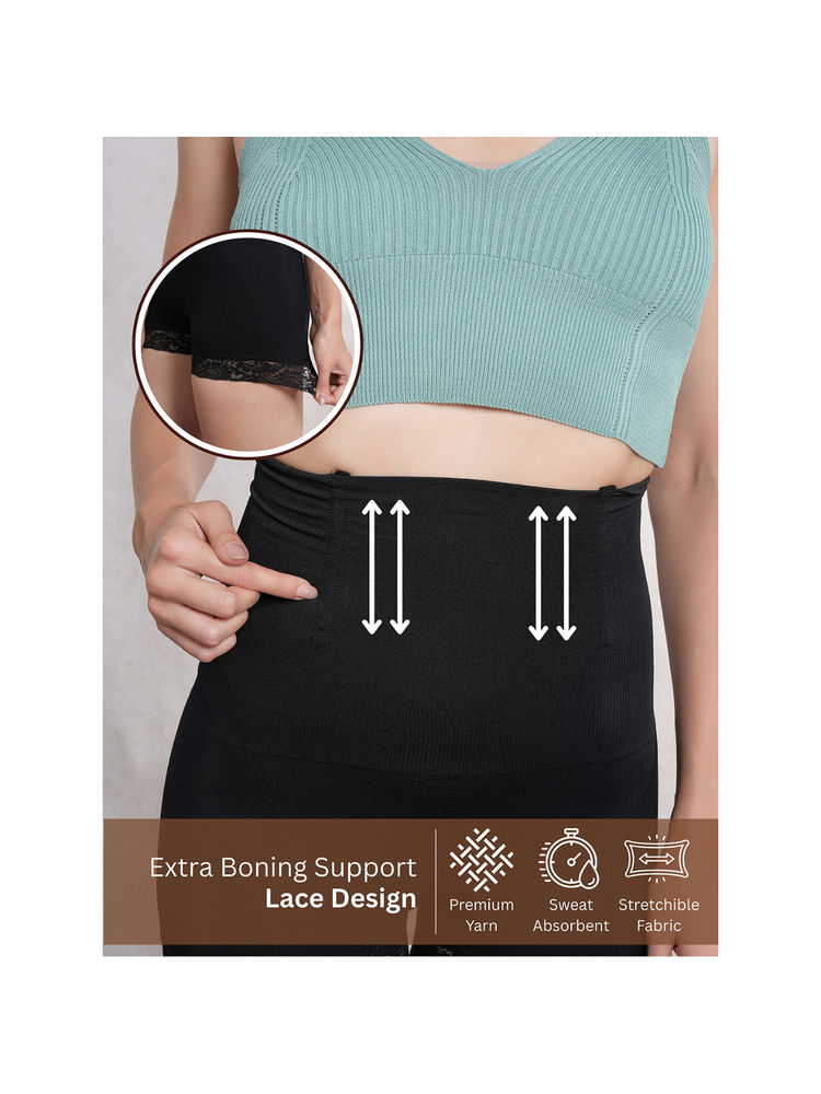 CrossKulture Black High Waist Tummy Control Shapewear Lace Trim Shorts-image-3