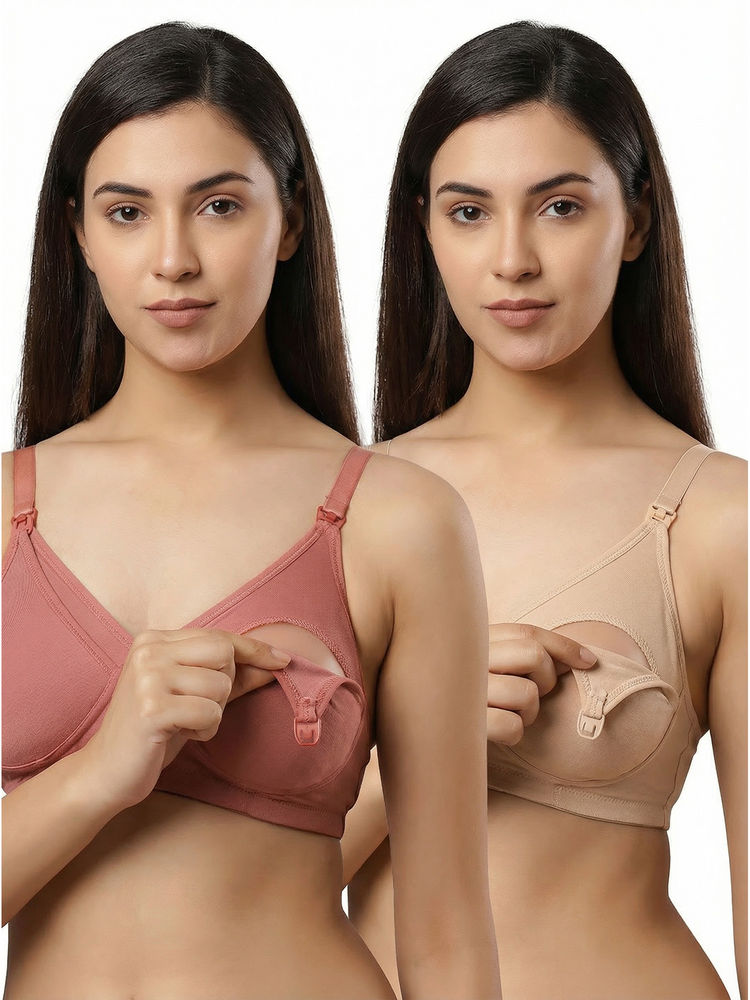 Mamma's Maternity Bamboo Fabric Soft Non-Padded Nursing Bra Rose Pink Cream (Pack of 2)-picture-26