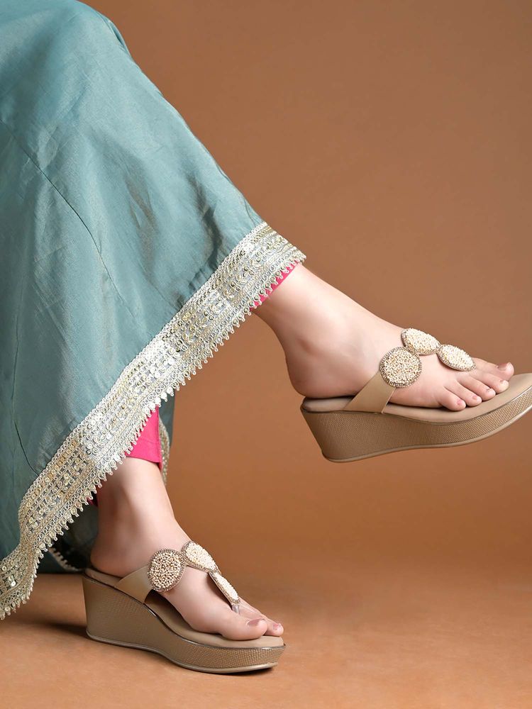 Shoetopia Golden Elegant Beaded Wedges-image-43