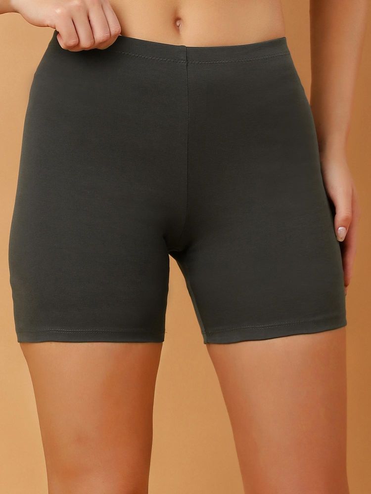 SOIE Green Mid Rise Breathable Cotton Spandex Knee Length Cycling Shorts-image-42