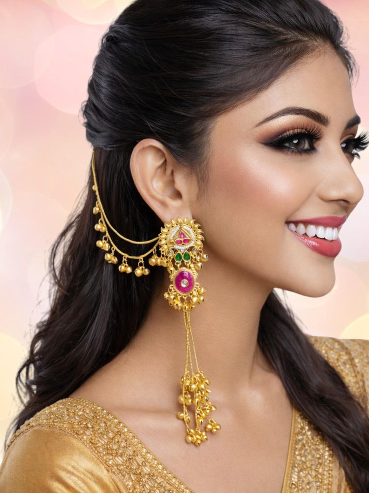 OOMPH Long Kashmiri Drop Earrings With Hair Kaan Chain - With Ghungroo Detailing-image-7