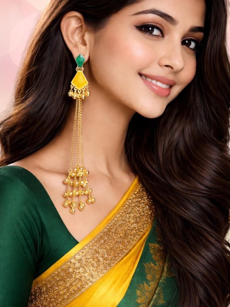 OOMPH Long Kashmiri Drop Earrings - Engraved Jaipur Stones With Ghungroo Detailing-image-4