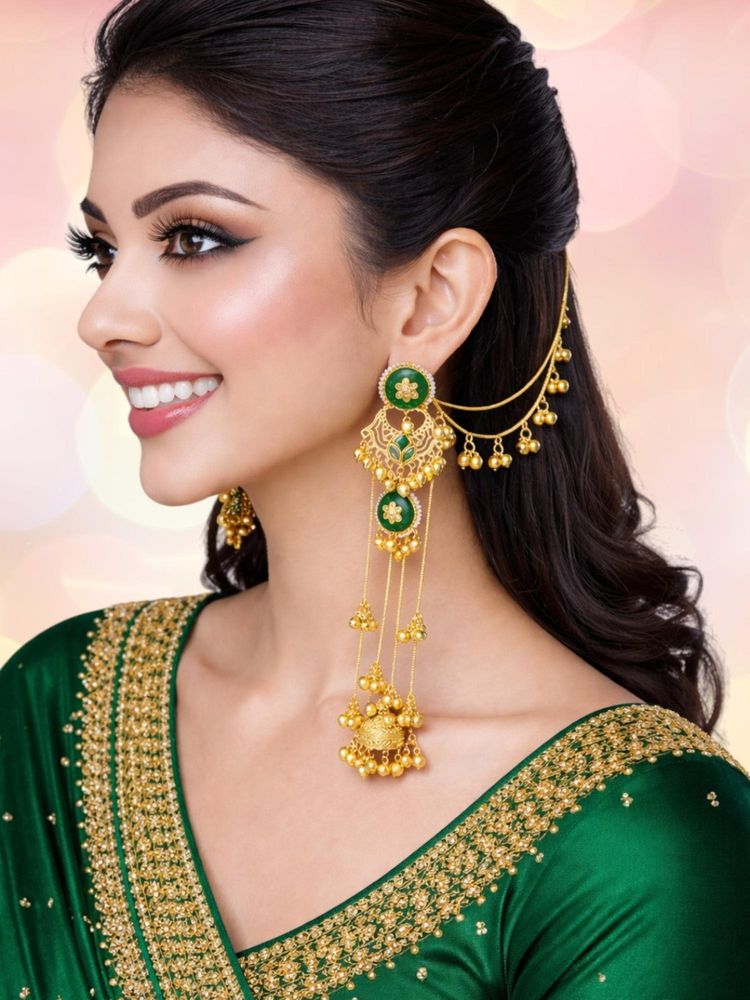 OOMPH Green Long Kashmiri Drop Jhumka Earrings With Kaan Chain - Ghungroo Detailing-image-8