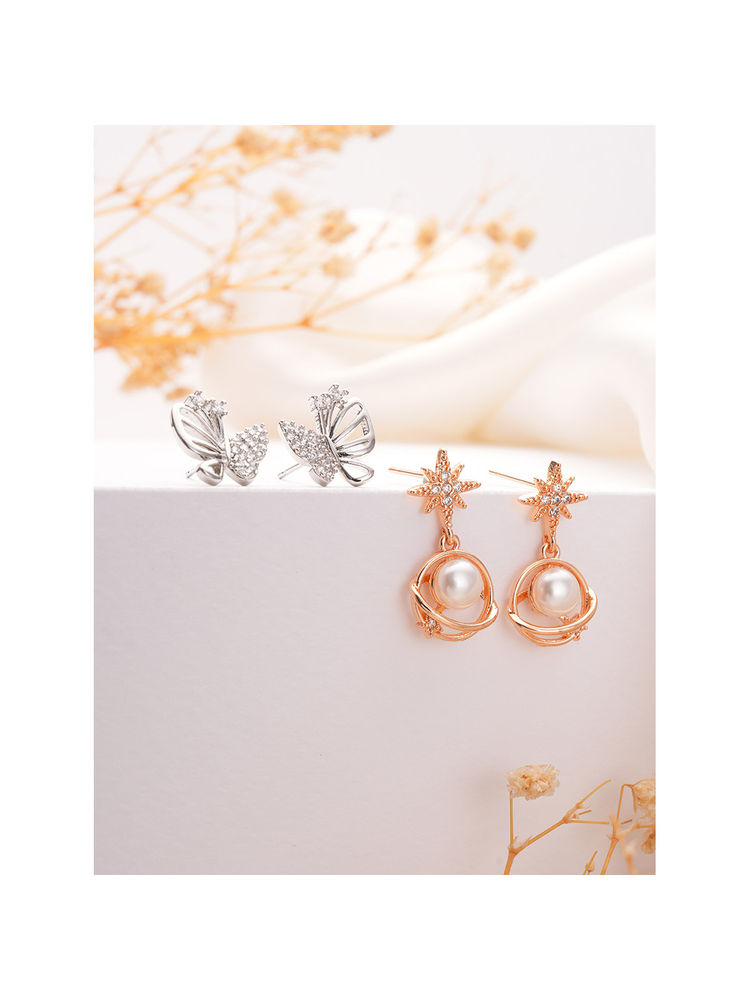 Aatmana Gold Plated Pearl Beaded and Cz Studded Drop Earrings (Pack of 2)-image-5