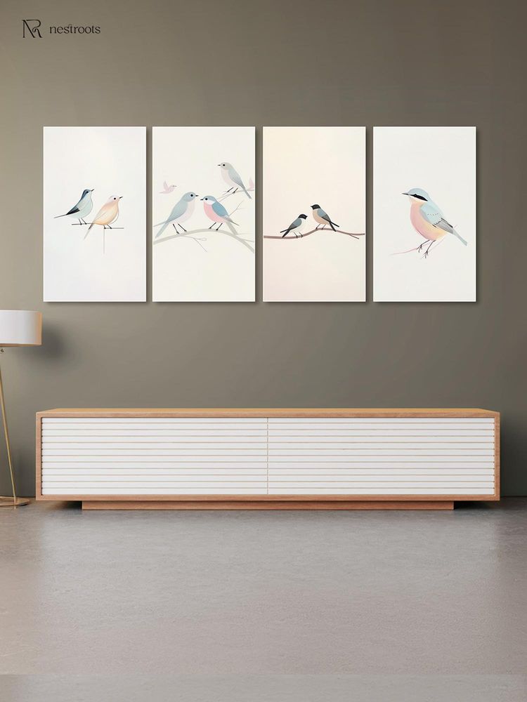 Nestroots Serene Bird Branch Art Canvas Wall Painting White Floating Frame (Pack Of 4)-image-38