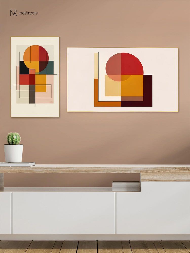 Nestroots Abstract Circle and Square Canvas Wall Painting Gold Floating Frame (Pack Of 2)-picture-0