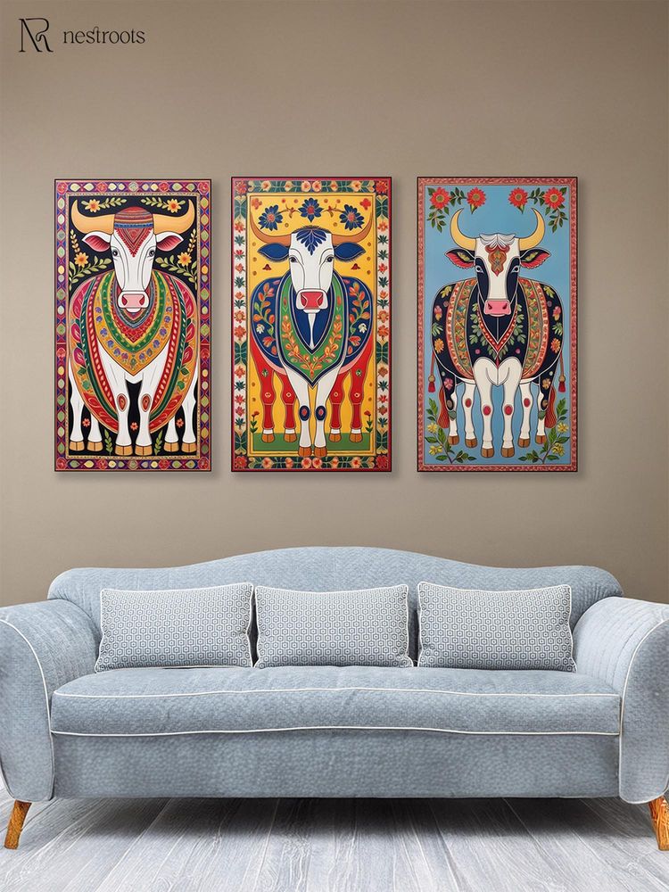 Nestroots Collection Of Sacred Indian Cow Wall Painting Black Floating Frame (Pack Of 3)-image-22