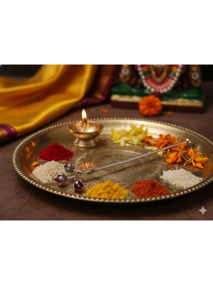 SABERA Trishakti Tilak Stick Silver Finish Sacred Tilak Applicator With Triple Lotus Ends-image-40