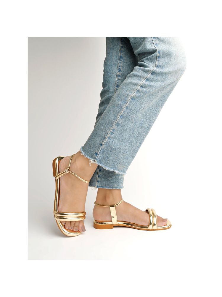 Shoetopia Embellished Backstrap Golden Flat Sandals For Women & Girls