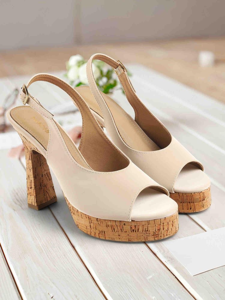 Mochi Women Beige Heeled Sandals-image-5