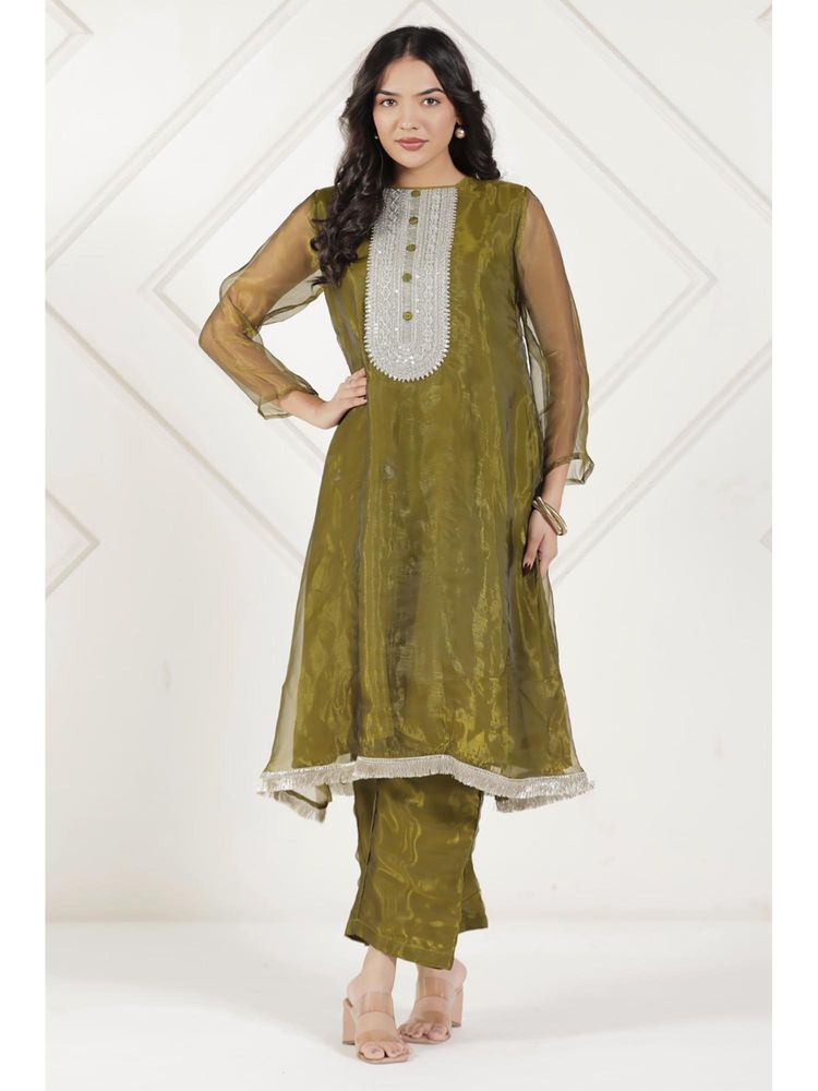 The Kaftan Company Olive Green Tissue Silk Embroidered Co-Ord Set-picture-13