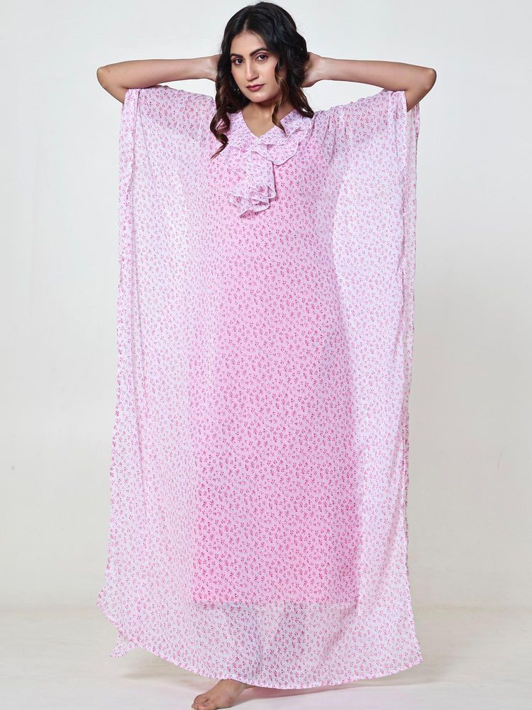 The Kaftan Company Pink Floral Chiffon Kaftan with Crepe Slip-image-26