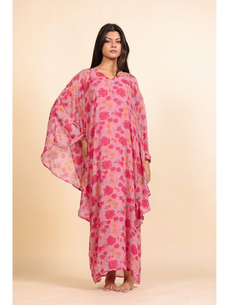The Kaftan Company Pink and Magenta Rose Print Georgette Kaftan-picture-25