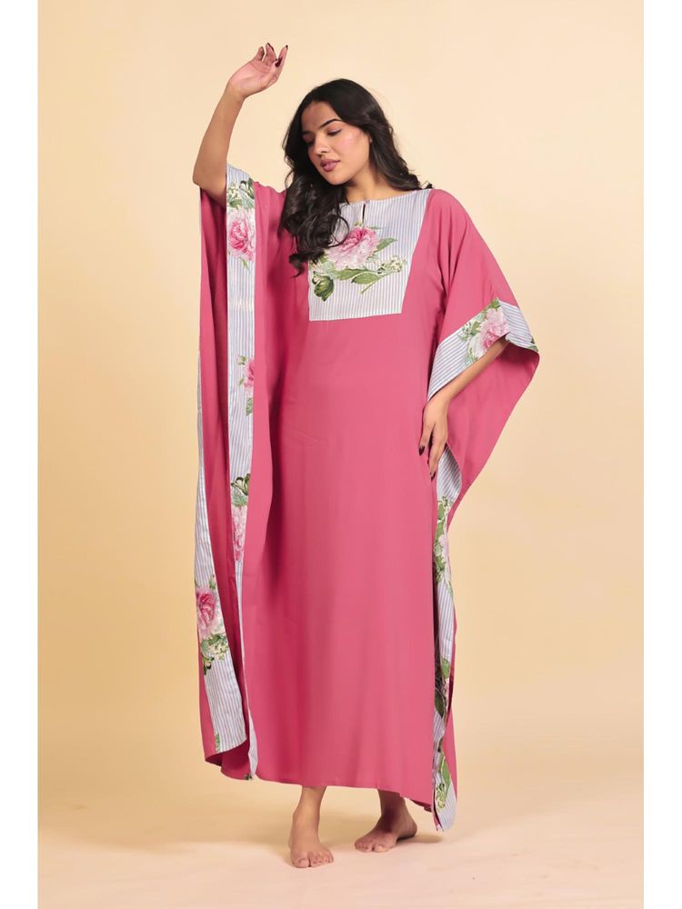 The Kaftan Company Dark Pink Modal Kaftan Nightdress With Striped Floral Yoke And Trim-picture-17
