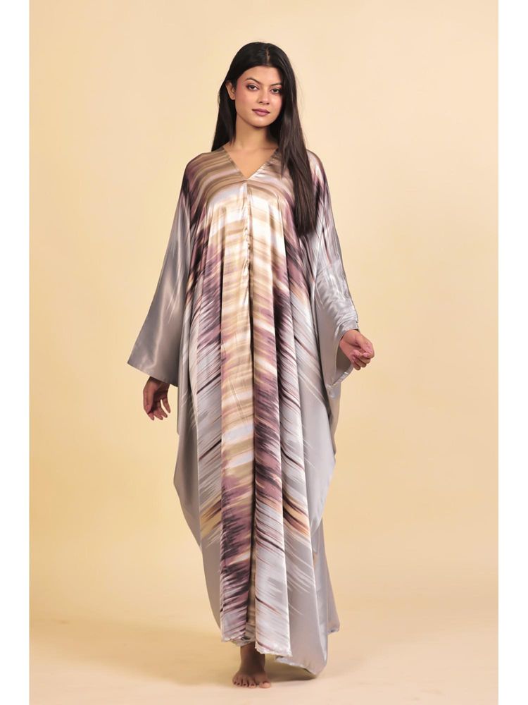 The Kaftan Company Silver And Plum Abstract Streak Print Satin Kaftan Nightdress-image-25