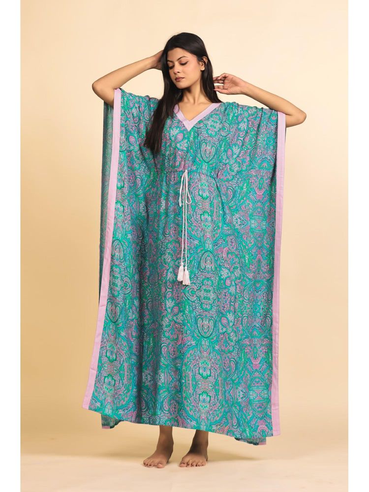 The Kaftan Company Teal And Lilac Paisley Print Viscose Rayon Kaftan With Tassel Drawstring-picture-27