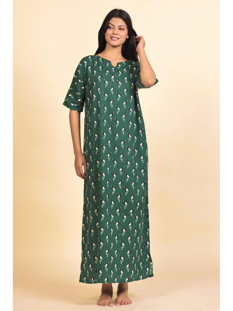 The Kaftan Company Green Bird Print Cotton Nightdress-picture-21