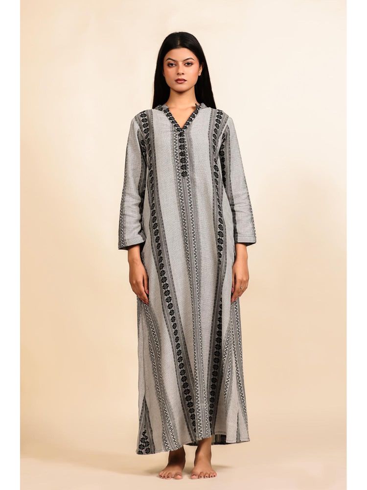 The Kaftan Company Grey Tribal Print Cotton Nighty With Embroidered Neckline-picture-38
