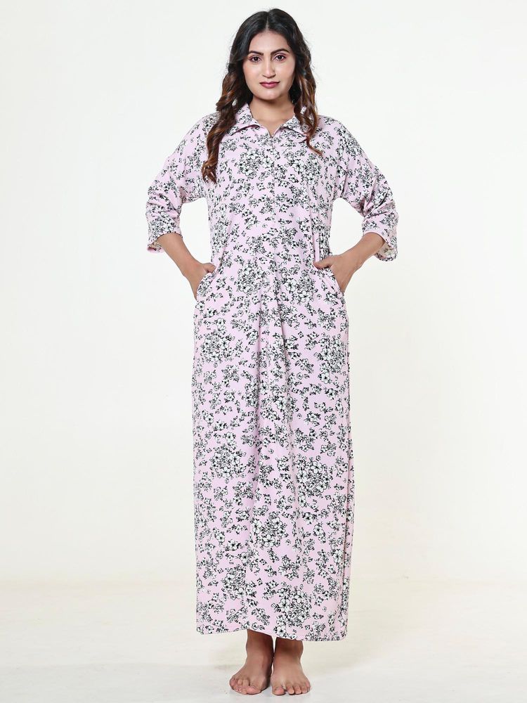 The Kaftan Company Pink Floral Textured Stretch Crepe Nightdress-picture-12