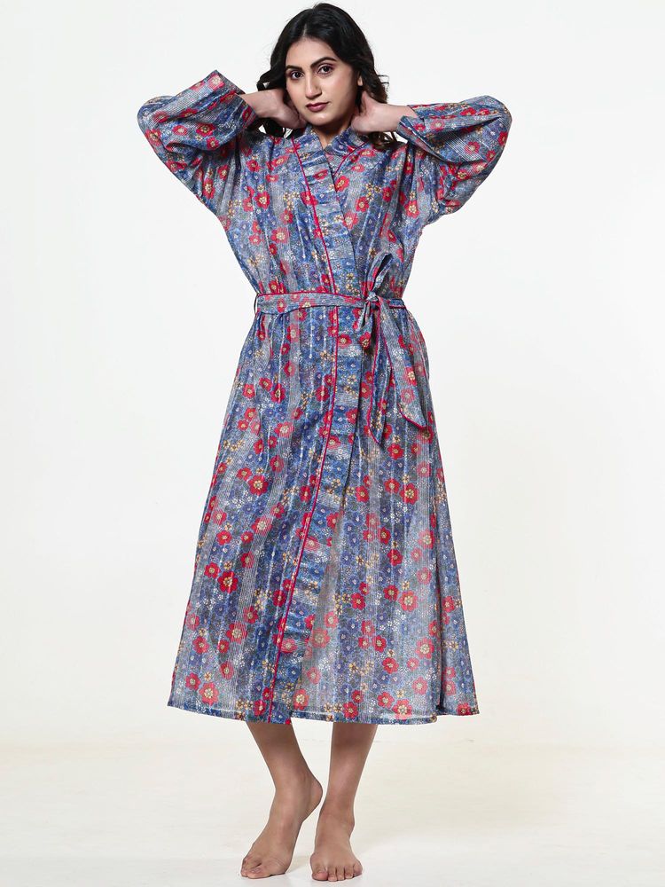 The Kaftan Company Blue Cotton Blend Floral Wrap Nightgown With Tie Belt-picture-38
