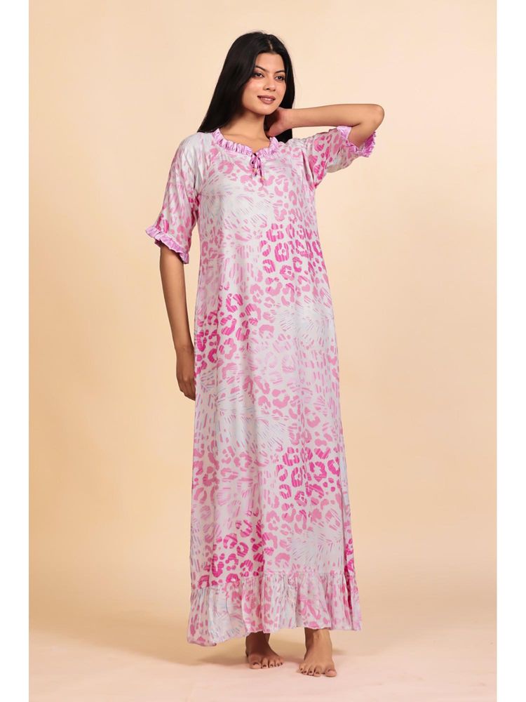 The Kaftan Company Pink Leopard Print Viscose Nighty With Ruffled Trim-picture-32