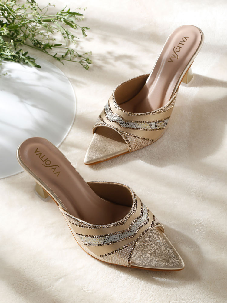 VALIOSAA Gold Color Party Peep Toes Heels-image-1