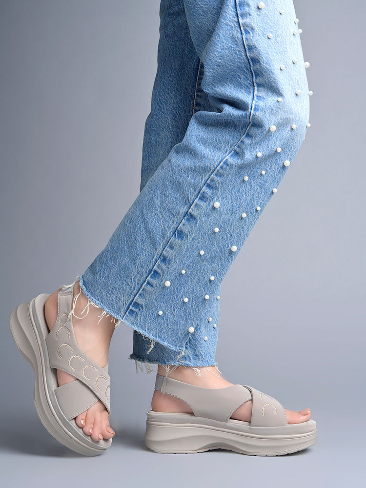 Shoetopia Women's Grey Embellished Criss-Cross Comfort Wedge Sandals-image-42