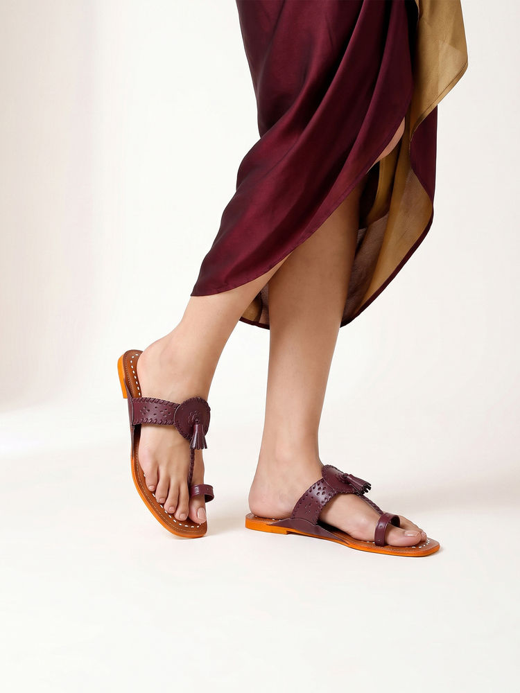 Chaal Chalan Burgundy Pu Square Toe Kolhapuris-picture-24