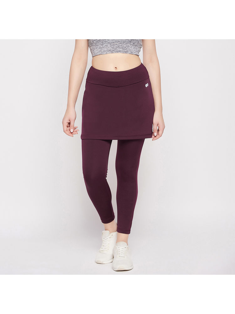 Clovia Snug-Fit High Rise Active Skirt With Attached Tights In Plum Colour