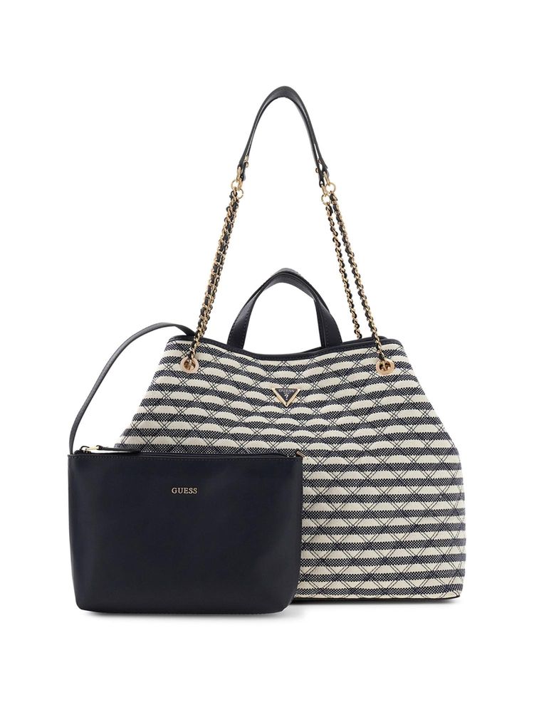 Guess Navy Blue Stripes Polyester Giully 2 in 1 Tote Bag With Pouch-image-21