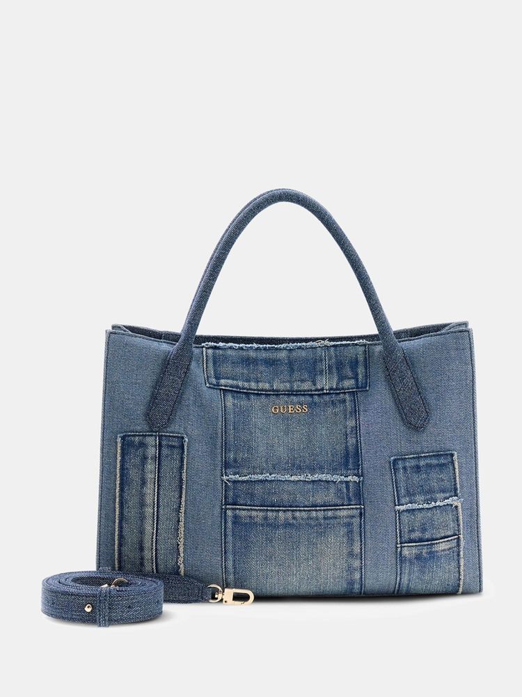 Guess Denim Solid Polyester Jodi Tote Bag With Detachable Strap-image-33