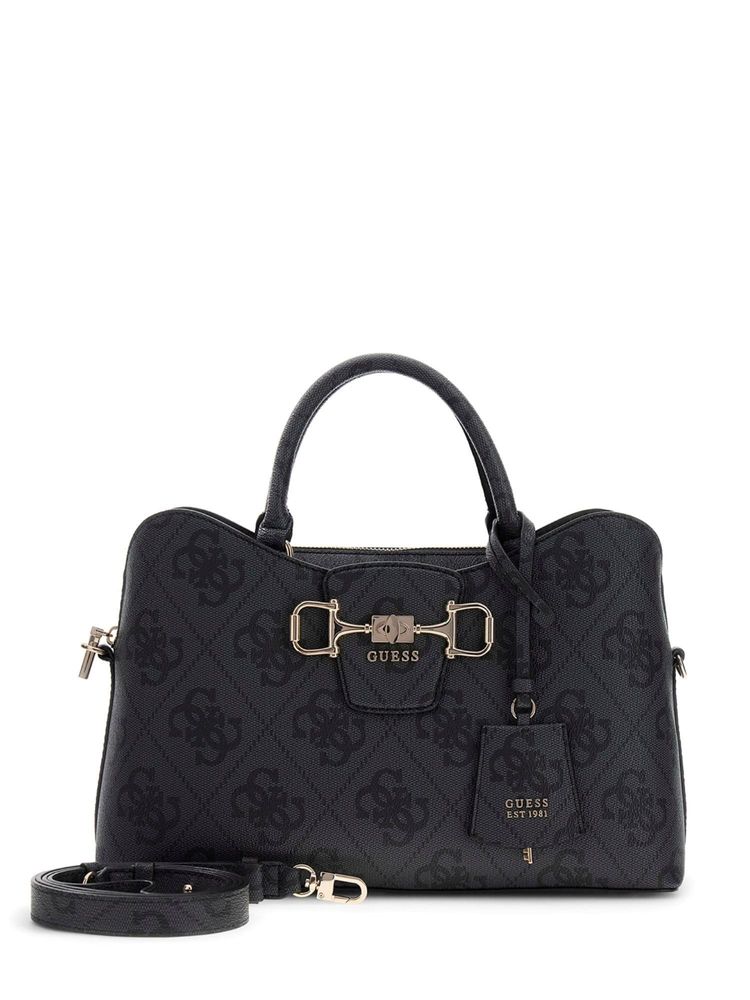 guess fashion Guess Charcoal Printed Pu Janie Logo Girlfriend Satchel Bag With Detachable Strap-picture-31