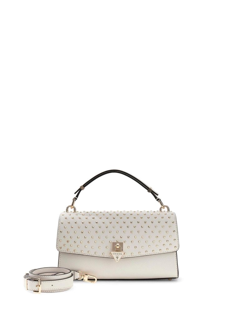 guess fashion Guess Off White Embellished Pu Patsie Top Handle Flap Satchel Bag With Detachable Strap-picture-21