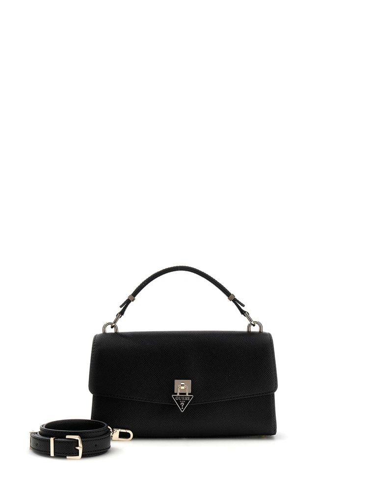 guess fashion Guess Black Solid Pu Patsie Top Handle Flap Satchel Bag With Detachable Strap-picture-27