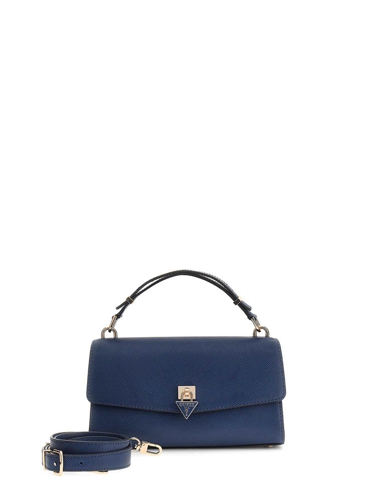 Guess Navy Blue Solid Pu Patsie Top Handle Flap Satchel Bag With Detachable Strap-image-22