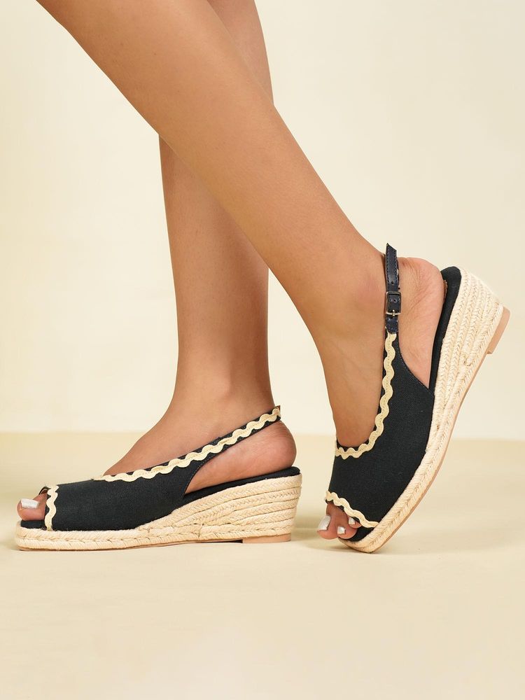 Theater Women Provence Navy Blue Canvas Peep-Toe Espadrille Wedge Heels with Slingback Strap-picture-17