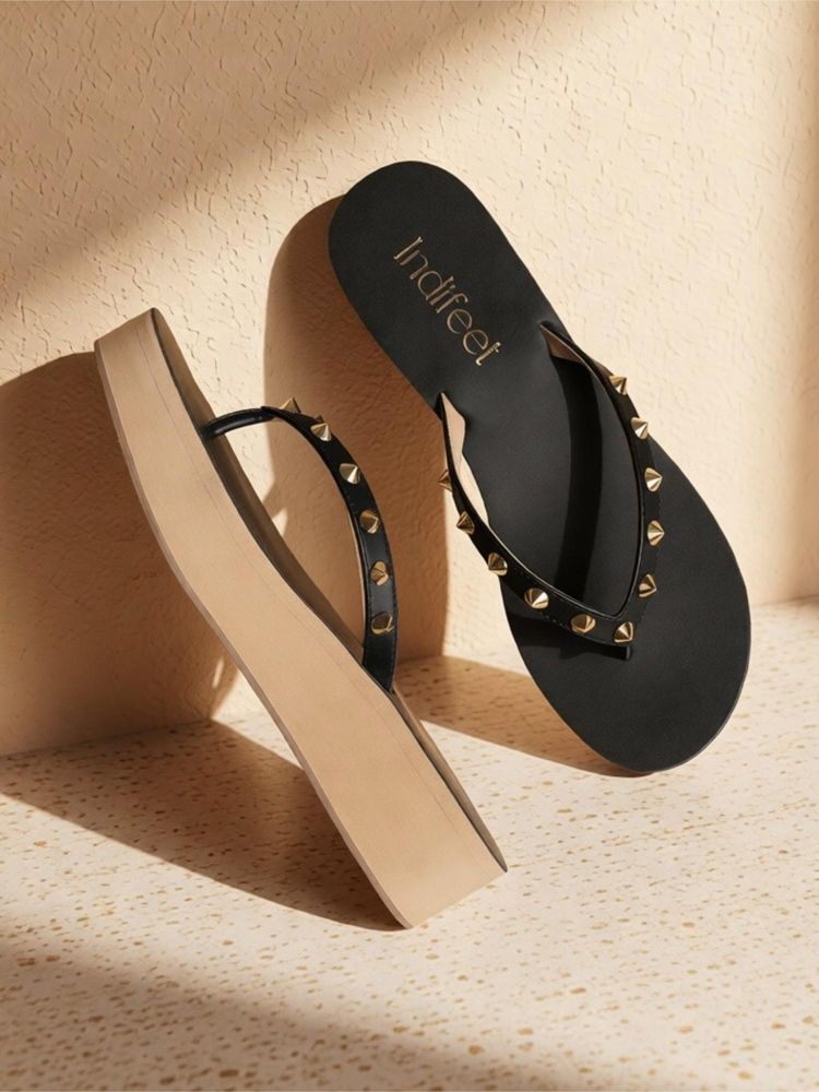 Indifeet Black Split Toe Fashionable & Studded Flatform Sandals-picture-22