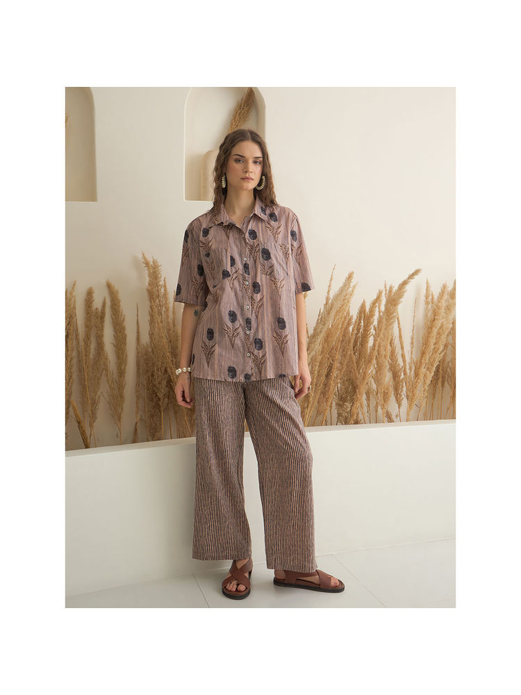 sanskrutihomes SAY Brown Pure Cotton Floral Printed Shirt and Pyjama (Set of 2)-picture-11