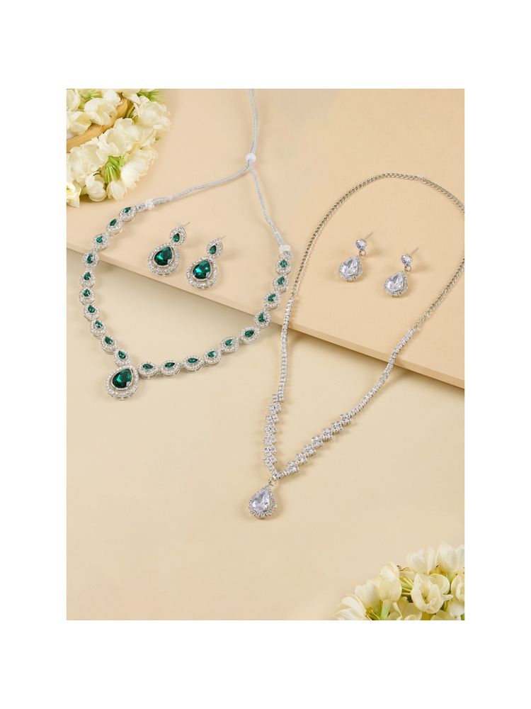 Zaveri Pearls Set Of 2 Green White Austrian Diamonds Necklace Earring Sets-image-6