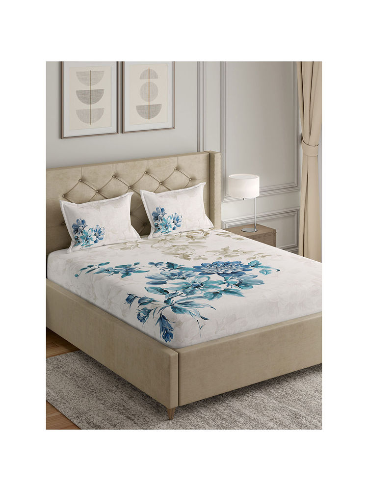 GM Floral 144TC Off White & Blue Printed Cotton Bedsheet With 2 Pillow Covers - Super King-picture-16