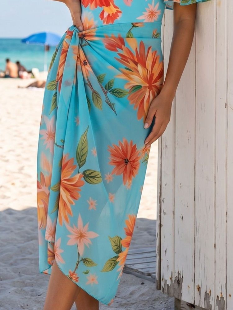 Addery Tropical Bloom Sky Blue Chiffon Beach Sarong Cover-Up-picture-1