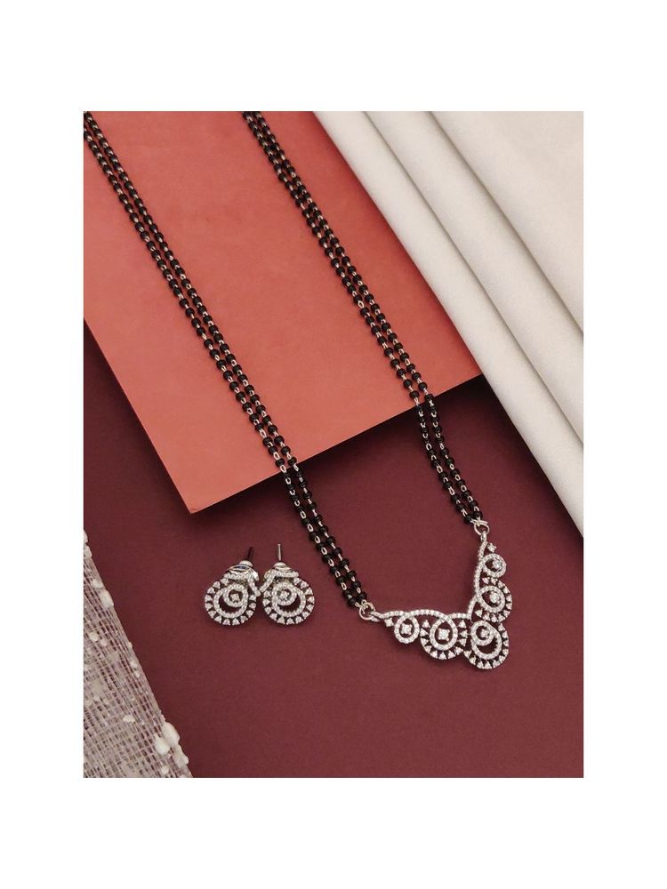 Abdesigns Silver Plated American Diamond Studded And Beaded Mangalsutra With Earrings White-image-35