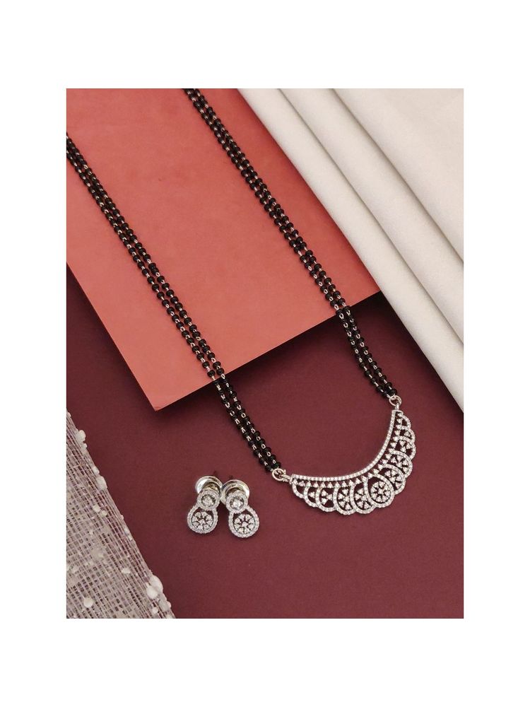 Abdesigns Silver Plated American Diamond Studded And Beaded Mangalsutra With Earrings White-image-11