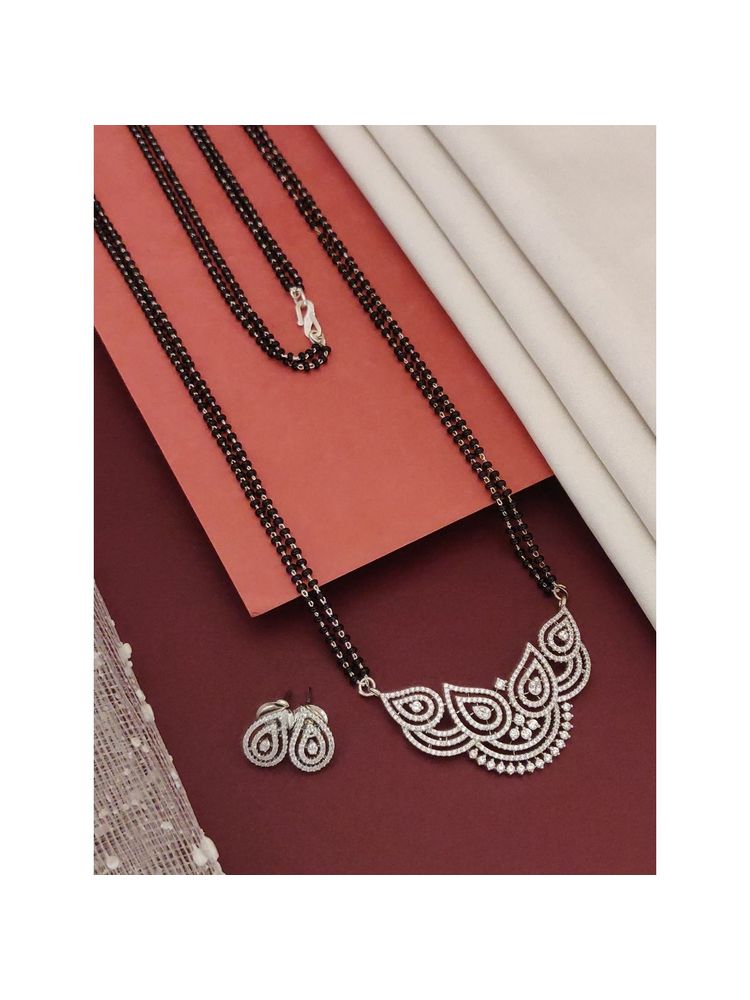 Abdesigns Silver Plated American Diamond Studded And Beaded Mangalsutra With Earrings White-picture-12