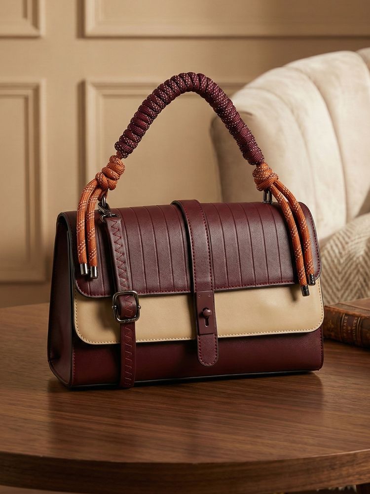 ESBEDA Burgundy Beige Colour Celeste Rope Accent Handbag with Detachable Strap For Women's (Medium)-image-0